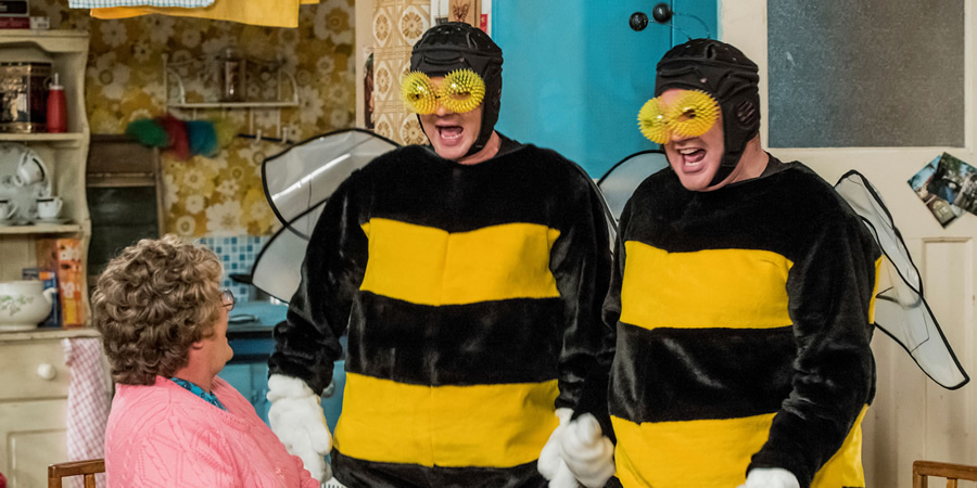 Mrs. Brown's Boys. Image shows from L to R: Agnes Brown (Brendan O'Carroll), Buster Brady (Danny O'Carroll), Dermot Brown (Paddy Houlihan). Mrs. Brown's Boys. Image shows from L to R: Agnes Brown (Brendan O'Carroll), Buster Brady (Danny O'Carroll), Dermot Brown (Paddy Houlihan).