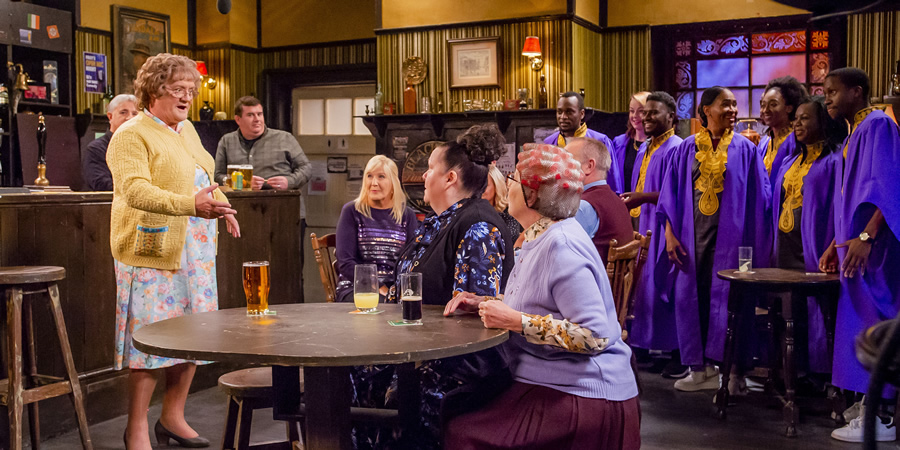 Mrs. Brown's Boys. Image shows from L to R: Agnes Brown (Brendan O'Carroll), Dermot Brown (Paddy Houlihan), Cathy Brown (Jennifer Gibney), Peggy Piper (Sue Vincent), Winnie McGoogan (Eilish O'Carroll). Mrs. Brown's Boys. Image shows from L to R: Agnes Brown (Brendan O'Carroll), Dermot Brown (Paddy Houlihan), Cathy Brown (Jennifer Gibney), Peggy Piper (Sue Vincent), Winnie McGoogan (Eilish O'Carroll).