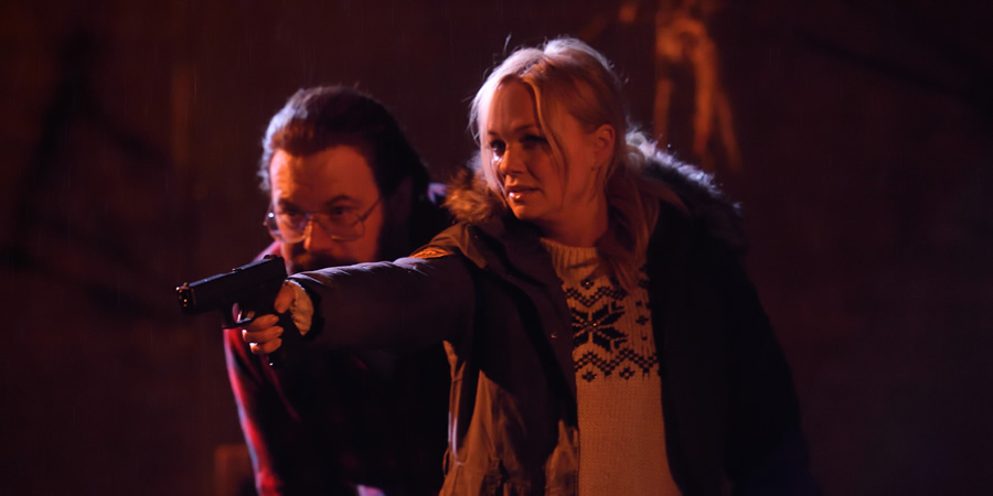Murder In Successville. Image shows from L to R: DI Sleet (Tom Davis), Emma Bunton. Copyright: Tiger Aspect Productions. Murder In Successville. Image shows from L to R: DI Sleet (Tom Davis), Emma Bunton. Copyright: Tiger Aspect Productions.