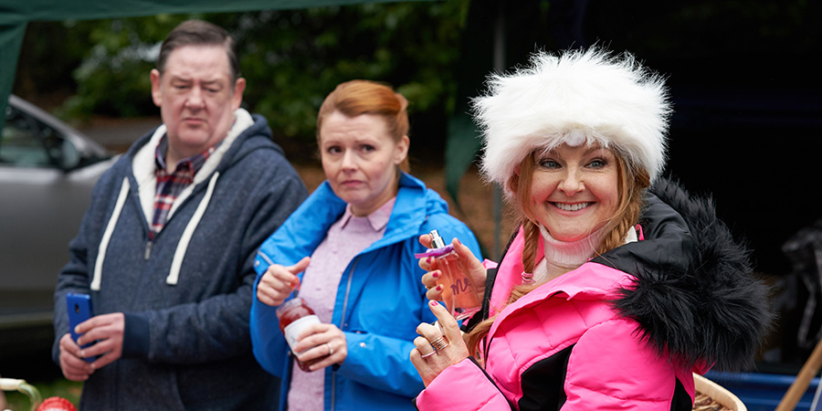 Murder, They Hope. Image shows from L to R: Terry (Johnny Vegas), Gemma (Sian Gibson), Monica (Sarah Hadland). Copyright: Shiny Button Productions. Murder, They Hope. Image shows from L to R: Terry (Johnny Vegas), Gemma (Sian Gibson), Monica (Sarah Hadland). Copyright: Shiny Button Productions.