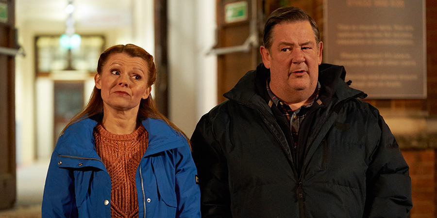 Murder, They Hope. Image shows from L to R: Gemma (Sian Gibson), Terry (Johnny Vegas). Copyright: Shiny Button Productions. Murder, They Hope. Image shows from L to R: Gemma (Sian Gibson), Terry (Johnny Vegas). Copyright: Shiny Button Productions.