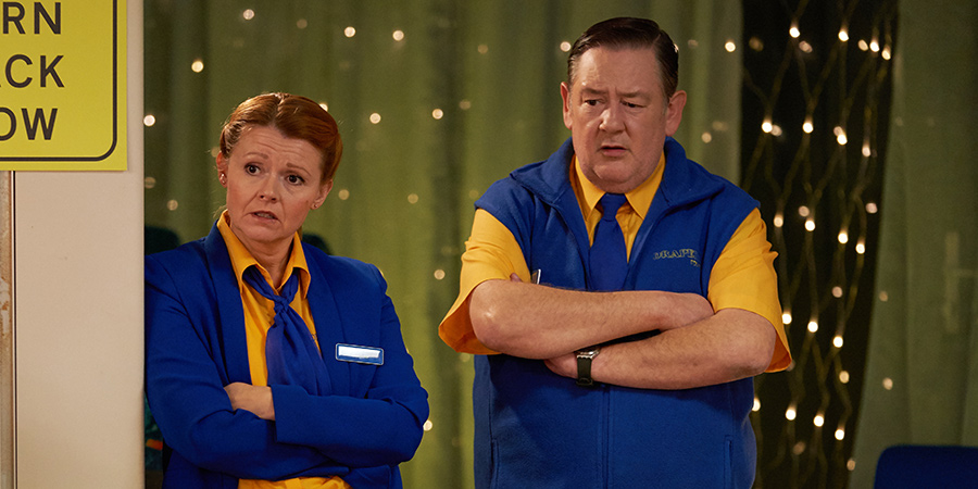 Murder, They Hope. Image shows from L to R: Gemma (Sian Gibson), Terry (Johnny Vegas). Copyright: Shiny Button Productions. Murder, They Hope. Image shows from L to R: Gemma (Sian Gibson), Terry (Johnny Vegas). Copyright: Shiny Button Productions.