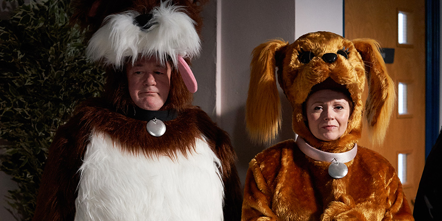 Murder, They Hope. Image shows from L to R: Terry (Johnny Vegas), Gemma (Sian Gibson). Copyright: Shiny Button Productions. Murder, They Hope. Image shows from L to R: Terry (Johnny Vegas), Gemma (Sian Gibson). Copyright: Shiny Button Productions.