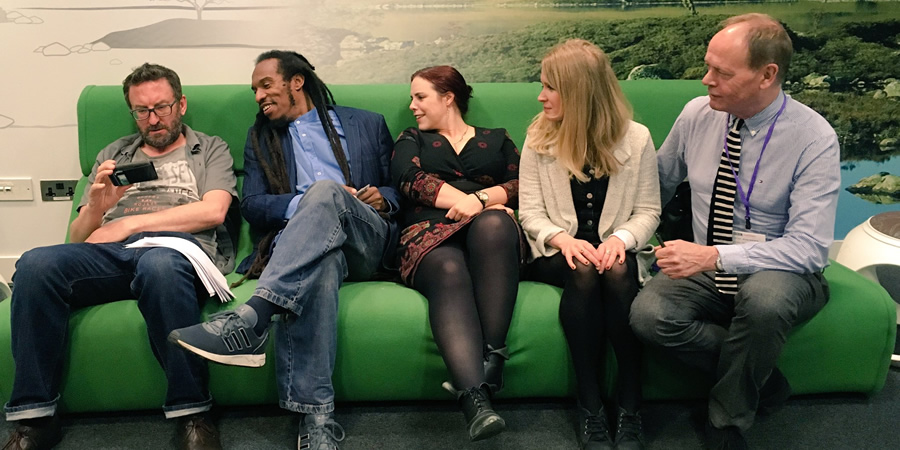 The Museum Of Curiosity. Image shows from L to R: Lee Mack, Benjamin Zephaniah, Kat Arney, Lucy Beaumont, John Lloyd. Copyright: BBC. The Museum Of Curiosity. Image shows from L to R: Lee Mack, Benjamin Zephaniah, Kat Arney, Lucy Beaumont, John Lloyd. Copyright: BBC.