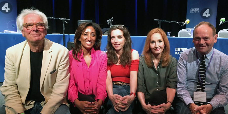 The Museum Of Curiosity. Image shows from L to R: Glyn Johns, Shazia Mirza, Bridget Christie, J.K. Rowling, John Lloyd. Copyright: BBC. The Museum Of Curiosity. Image shows from L to R: Glyn Johns, Shazia Mirza, Bridget Christie, J.K. Rowling, John Lloyd. Copyright: BBC.