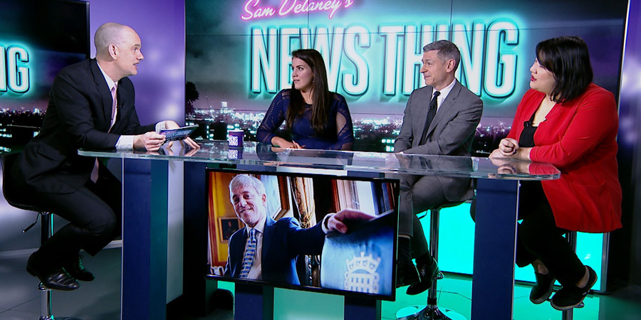 Sam Delaney's News Thing. Image shows from L to R: Sam Delaney, Maddy Anholt, David Mills, Evelyn Mok. Sam Delaney's News Thing. Image shows from L to R: Sam Delaney, Maddy Anholt, David Mills, Evelyn Mok.
