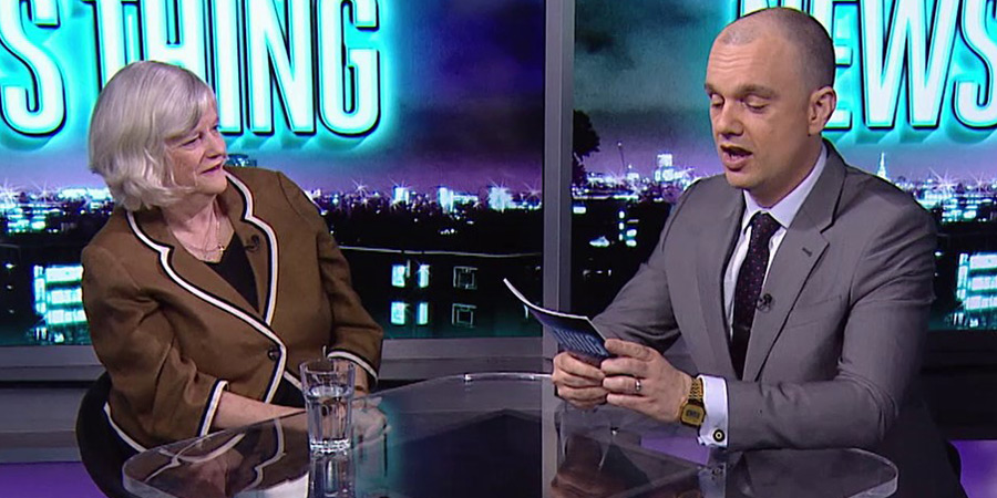 Sam Delaney's News Thing. Image shows from L to R: Ann Widdecombe, Sam Delaney. Sam Delaney's News Thing. Image shows from L to R: Ann Widdecombe, Sam Delaney.