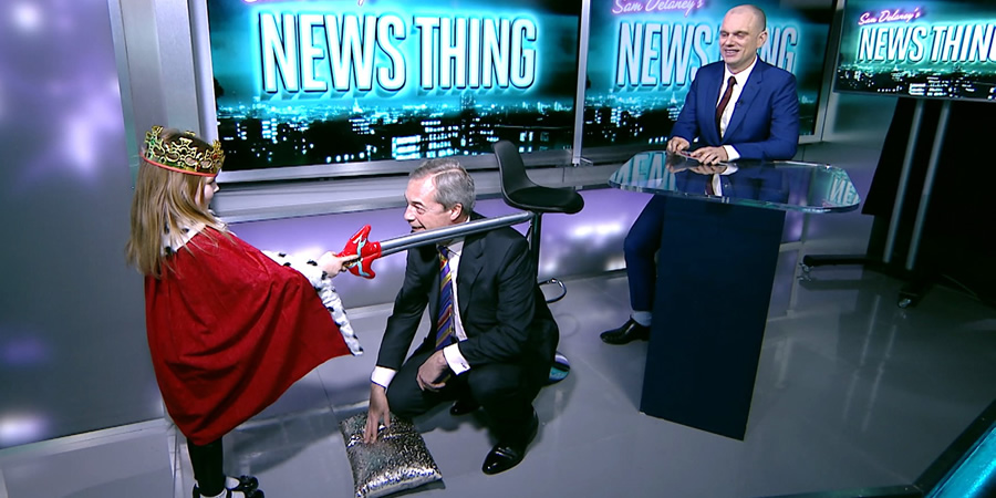 Sam Delaney's News Thing. Image shows from L to R: Nigel Farage, Sam Delaney. Sam Delaney's News Thing. Image shows from L to R: Nigel Farage, Sam Delaney.