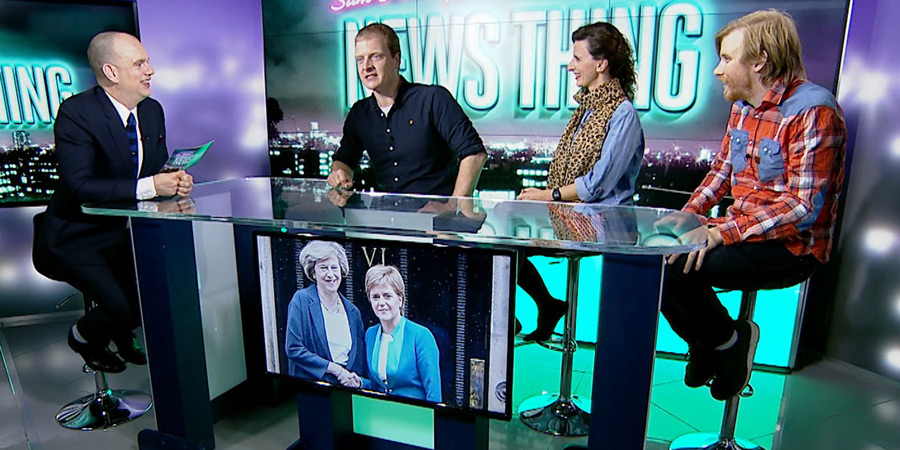 Sam Delaney's News Thing. Image shows from L to R: Sam Delaney, John Hastings, Felicity Ward, Bobby Mair. Sam Delaney's News Thing. Image shows from L to R: Sam Delaney, John Hastings, Felicity Ward, Bobby Mair.