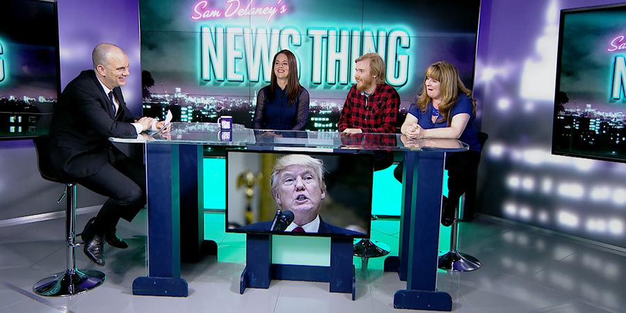 Sam Delaney's News Thing. Image shows from L to R: Sam Delaney, Karen Danczuk, Bobby Mair, Janey Godley. Sam Delaney's News Thing. Image shows from L to R: Sam Delaney, Karen Danczuk, Bobby Mair, Janey Godley.
