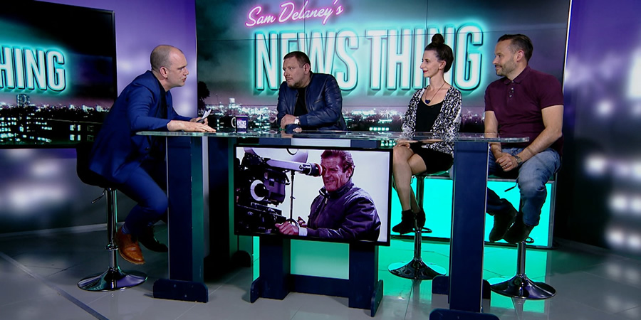 Sam Delaney's News Thing. Image shows from L to R: Sam Delaney, Shaun Ryder, Felicity Ward, Geoff Norcott. Sam Delaney's News Thing. Image shows from L to R: Sam Delaney, Shaun Ryder, Felicity Ward, Geoff Norcott.