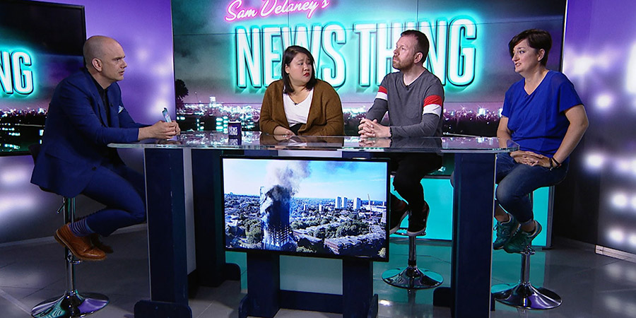 Sam Delaney's News Thing. Image shows from L to R: Sam Delaney, Evelyn Mok, Michael Legge, Zoe Lyons. Sam Delaney's News Thing. Image shows from L to R: Sam Delaney, Evelyn Mok, Michael Legge, Zoe Lyons.
