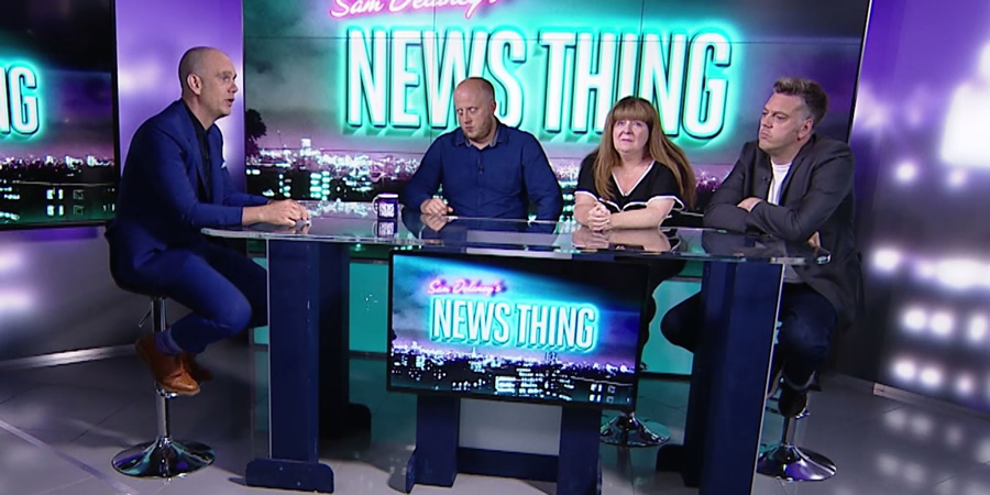 Sam Delaney's News Thing. Image shows from L to R: Sam Delaney, Marek Larwood, Janey Godley, Iain Lee. Sam Delaney's News Thing. Image shows from L to R: Sam Delaney, Marek Larwood, Janey Godley, Iain Lee.