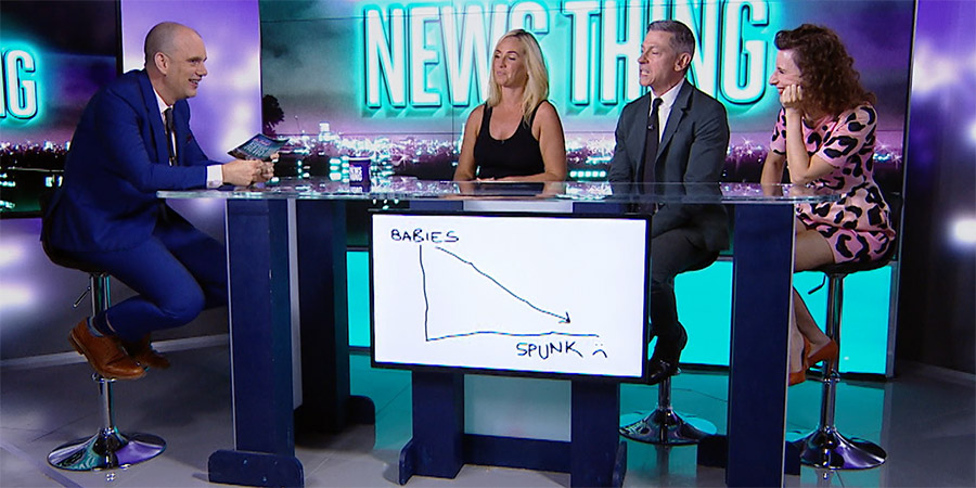 Sam Delaney's News Thing. Image shows from L to R: Sam Delaney, Josie Gibson, David Mills, Felicity Ward. Sam Delaney's News Thing. Image shows from L to R: Sam Delaney, Josie Gibson, David Mills, Felicity Ward.