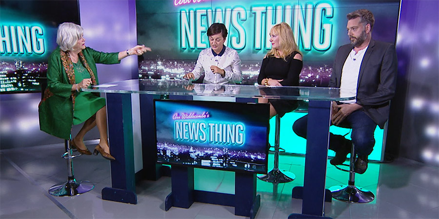 Sam Delaney's News Thing. Image shows from L to R: Ann Widdecombe, Zoe Lyons, Janice Atkinson, Iain Lee. Sam Delaney's News Thing. Image shows from L to R: Ann Widdecombe, Zoe Lyons, Janice Atkinson, Iain Lee.