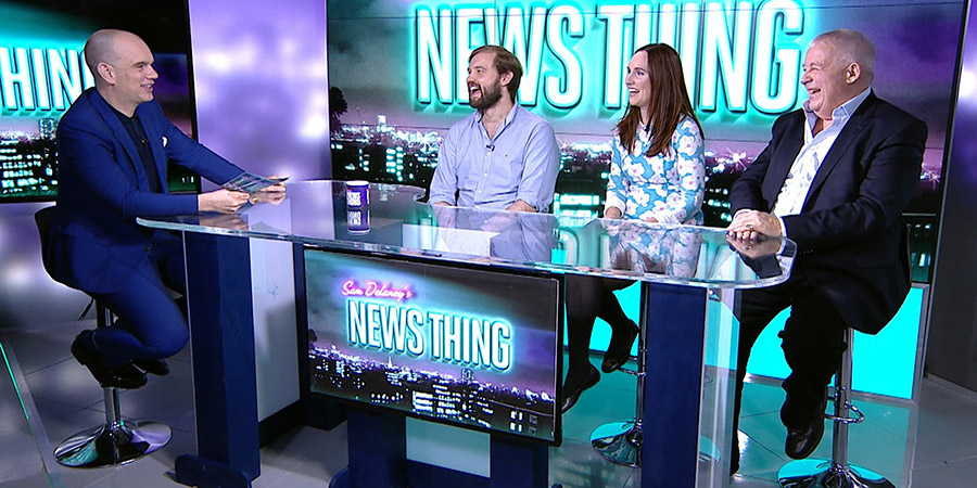 Sam Delaney's News Thing. Image shows from L to R: Sam Delaney, Naz Osmanoglu, Halina Watts, Christopher Biggins. Sam Delaney's News Thing. Image shows from L to R: Sam Delaney, Naz Osmanoglu, Halina Watts, Christopher Biggins.