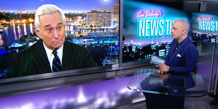 Sam Delaney's News Thing. Image shows from L to R: Roger Stone, Sam Delaney. Sam Delaney's News Thing. Image shows from L to R: Roger Stone, Sam Delaney.