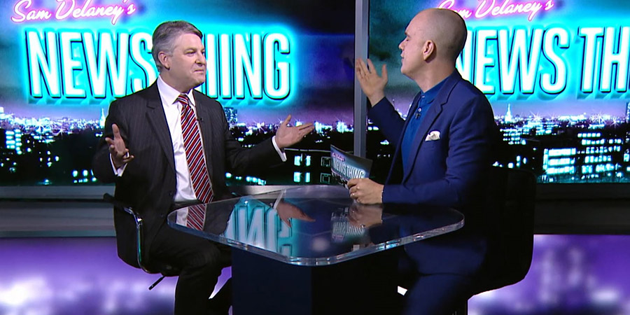Sam Delaney's News Thing. Image shows from L to R: Philip Davies, Sam Delaney. Sam Delaney's News Thing. Image shows from L to R: Philip Davies, Sam Delaney.