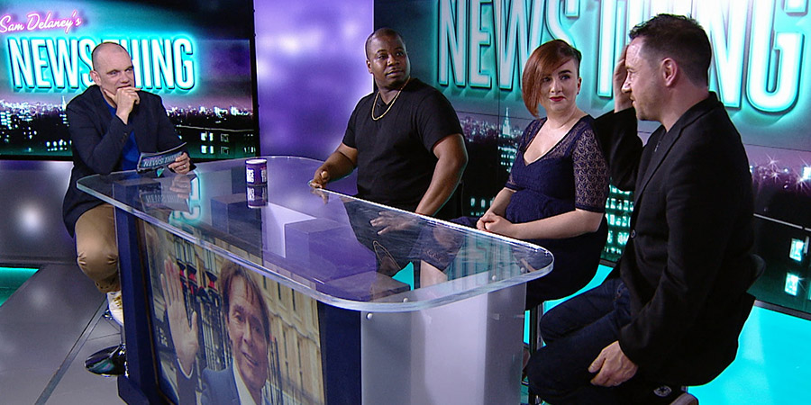 Sam Delaney's News Thing. Image shows from L to R: Sam Delaney, Marlon Davis, Laura Lexx, Jon Holmes. Sam Delaney's News Thing. Image shows from L to R: Sam Delaney, Marlon Davis, Laura Lexx, Jon Holmes.
