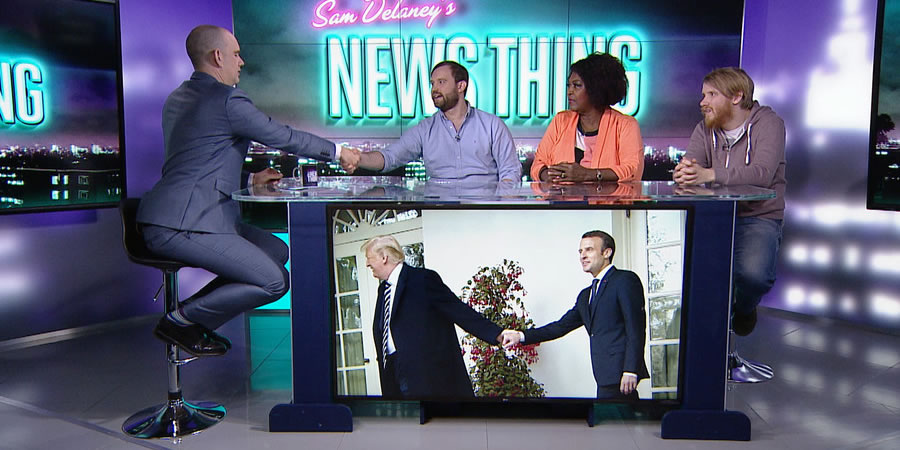 Sam Delaney's News Thing. Image shows from L to R: Sam Delaney, Naz Osmanoglu, Rustie Lee, Bobby Mair. Sam Delaney's News Thing. Image shows from L to R: Sam Delaney, Naz Osmanoglu, Rustie Lee, Bobby Mair.