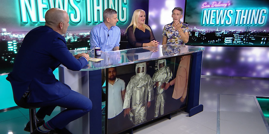 Sam Delaney's News Thing. Image shows from L to R: Sam Delaney, David Mills, Vanessa Feltz, Scott Capurro. Sam Delaney's News Thing. Image shows from L to R: Sam Delaney, David Mills, Vanessa Feltz, Scott Capurro.