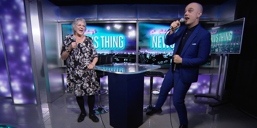 Sam Delaney's News Thing. Image shows from L to R: Germaine Greer, Sam Delaney. Sam Delaney's News Thing. Image shows from L to R: Germaine Greer, Sam Delaney.