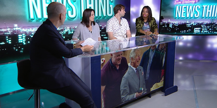 Sam Delaney's News Thing. Image shows from L to R: Sam Delaney, Danielle Ward, Naz Osmanoglu, London Hughes. Sam Delaney's News Thing. Image shows from L to R: Sam Delaney, Danielle Ward, Naz Osmanoglu, London Hughes.