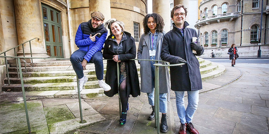 Newsjack. Image shows from L to R: Luke Kempner, Kiri Pritchard-McLean, Mali Ann Rees, George Fouracres. Copyright: BBC. Newsjack. Image shows from L to R: Luke Kempner, Kiri Pritchard-McLean, Mali Ann Rees, George Fouracres. Copyright: BBC.