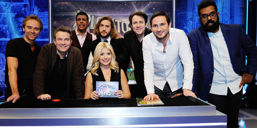Play To The Whistle. Image shows from L to R: Jack P. Shepherd, Bradley Walsh, Chris Kamara, Holly Willoughby, Seann Walsh, Jonathan Ross, Frank Lampard, Romesh Ranganathan. Copyright: Hungry Bear Media. Play To The Whistle. Image shows from L to R: Jack P. Shepherd, Bradley Walsh, Chris Kamara, Holly Willoughby, Seann Walsh, Jonathan Ross, Frank Lampard, Romesh Ranganathan. Copyright: Hungry Bear Media.