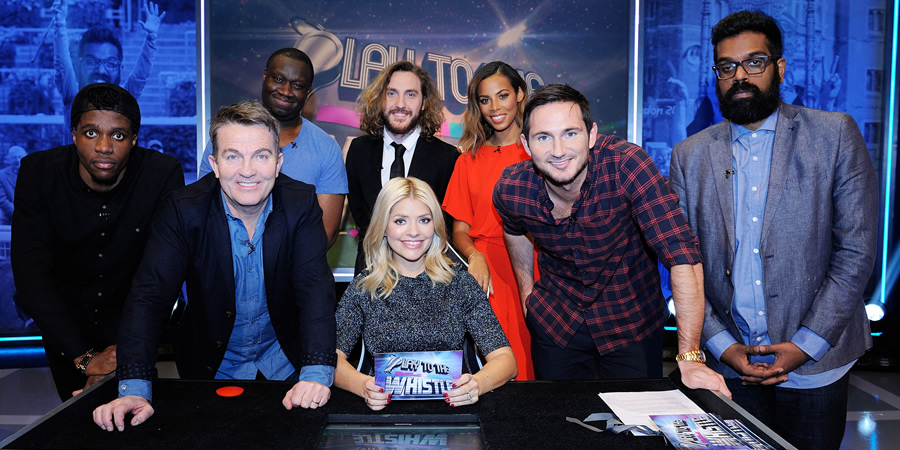 Play To The Whistle. Image shows from L to R: Wilfried Zaha, Bradley Walsh, Funmbi Omotayo, Seann Walsh, Holly Willoughby, Rochelle Humes, Frank Lampard, Romesh Ranganathan. Copyright: Hungry Bear Media. Play To The Whistle. Image shows from L to R: Wilfried Zaha, Bradley Walsh, Funmbi Omotayo, Seann Walsh, Holly Willoughby, Rochelle Humes, Frank Lampard, Romesh Ranganathan. Copyright: Hungry Bear Media.
