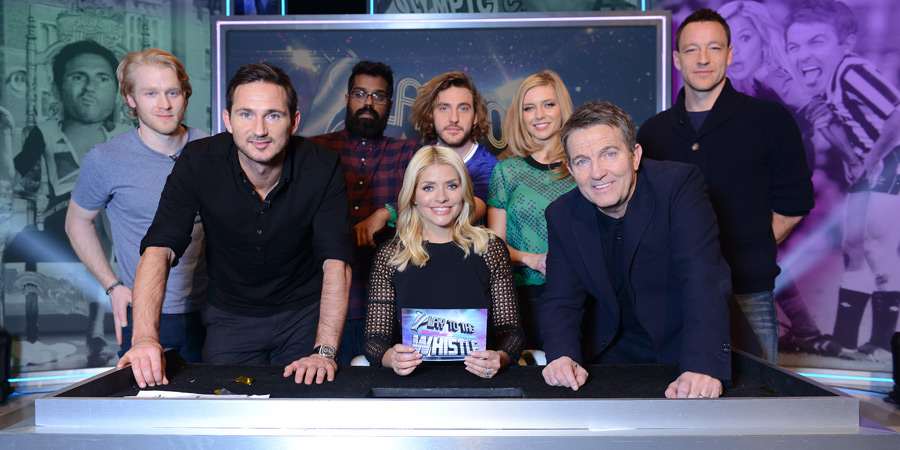 Play To The Whistle. Image shows from L to R: Jonnie Peacock, John Terry, Romesh Ranganathan, Holly Willoughby, Seann Walsh, Rachel Riley, Bradley Walsh, John Terry. Copyright: Hungry Bear Media. Play To The Whistle. Image shows from L to R: Jonnie Peacock, John Terry, Romesh Ranganathan, Holly Willoughby, Seann Walsh, Rachel Riley, Bradley Walsh, John Terry. Copyright: Hungry Bear Media.