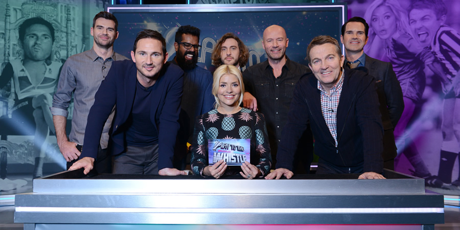 Play To The Whistle. Image shows from L to R: James Anderson, Frank Lampard, Romesh Ranganathan, Holly Willoughby, Seann Walsh, Alan Shearer, Bradley Walsh, Jimmy Carr. Copyright: Hungry Bear Media. Play To The Whistle. Image shows from L to R: James Anderson, Frank Lampard, Romesh Ranganathan, Holly Willoughby, Seann Walsh, Alan Shearer, Bradley Walsh, Jimmy Carr. Copyright: Hungry Bear Media.