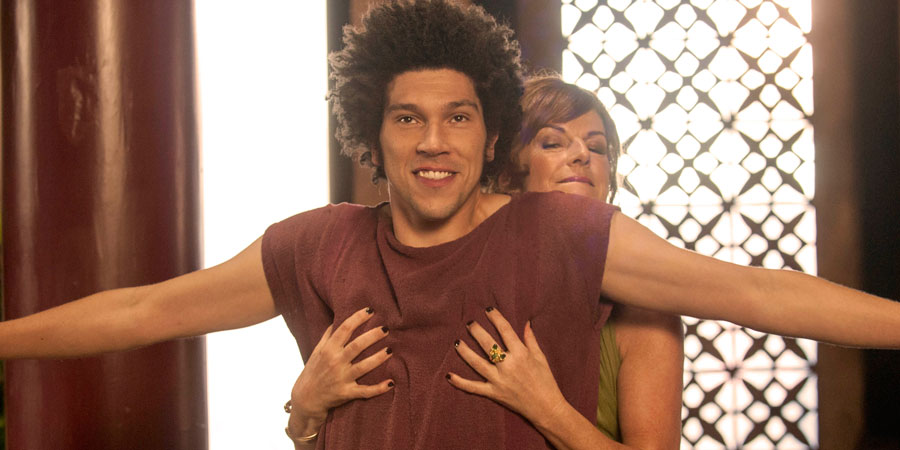 Plebs. Image shows from L to R: Stylax (Joel Fry), Flavia (Doon Mackichan). Copyright: RISE Films. Plebs. Image shows from L to R: Stylax (Joel Fry), Flavia (Doon Mackichan). Copyright: RISE Films.