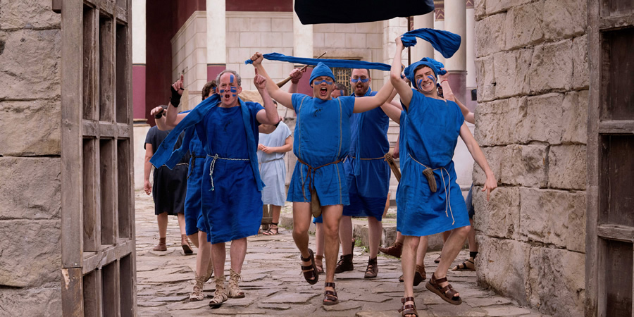 Plebs. Image shows from L to R: Nigellus (Dominic Coleman), Jason (Jon Pointing), Marcus (Tom Rosenthal). Copyright: RISE Films. Plebs. Image shows from L to R: Nigellus (Dominic Coleman), Jason (Jon Pointing), Marcus (Tom Rosenthal). Copyright: RISE Films.
