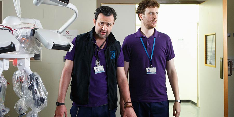 Porters. Image shows from L to R: Anthony De La Mer (Daniel Mays), Simon Porter (Edward Easton). Porters. Image shows from L to R: Anthony De La Mer (Daniel Mays), Simon Porter (Edward Easton).