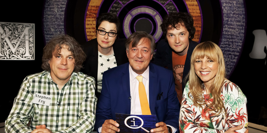 QI. Image shows from L to R: Alan Davies, Sue Perkins, Stephen Fry, Chris Addison, Sara Cox. Copyright: TalkbackThames. QI. Image shows from L to R: Alan Davies, Sue Perkins, Stephen Fry, Chris Addison, Sara Cox. Copyright: TalkbackThames.