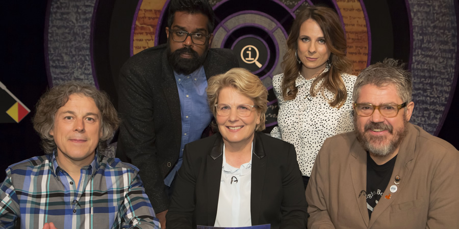 QI. Image shows from L to R: Alan Davies, Romesh Ranganathan, Sandi Toksvig, Cariad Lloyd, Phill Jupitus. Copyright: TalkbackThames. QI. Image shows from L to R: Alan Davies, Romesh Ranganathan, Sandi Toksvig, Cariad Lloyd, Phill Jupitus. Copyright: TalkbackThames.