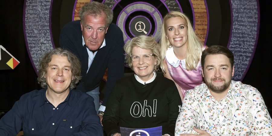 QI. Image shows from L to R: Alan Davies, Jeremy Clarkson, Sandi Toksvig, Sara Pascoe, Jason Manford. Copyright: TalkbackThames. QI. Image shows from L to R: Alan Davies, Jeremy Clarkson, Sandi Toksvig, Sara Pascoe, Jason Manford. Copyright: TalkbackThames.