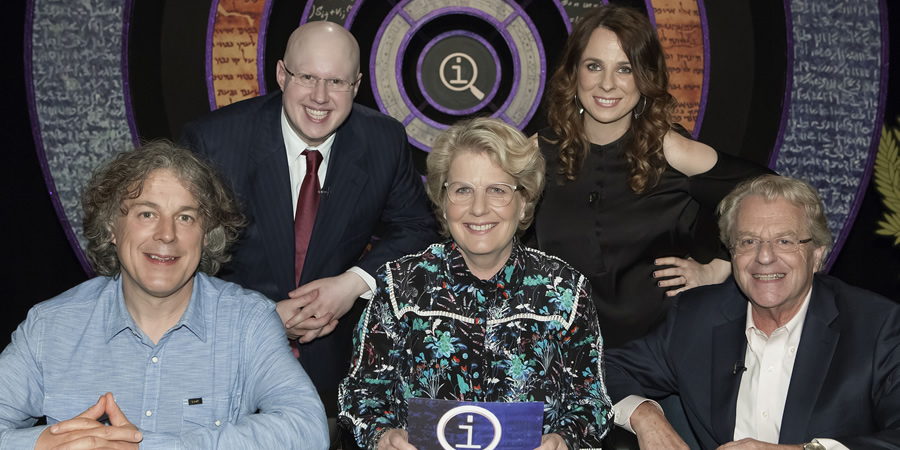 QI. Image shows from L to R: Alan Davies, Matt Lucas, Sandi Toksvig, Cariad Lloyd, Jerry Springer. Copyright: TalkbackThames. QI. Image shows from L to R: Alan Davies, Matt Lucas, Sandi Toksvig, Cariad Lloyd, Jerry Springer. Copyright: TalkbackThames.