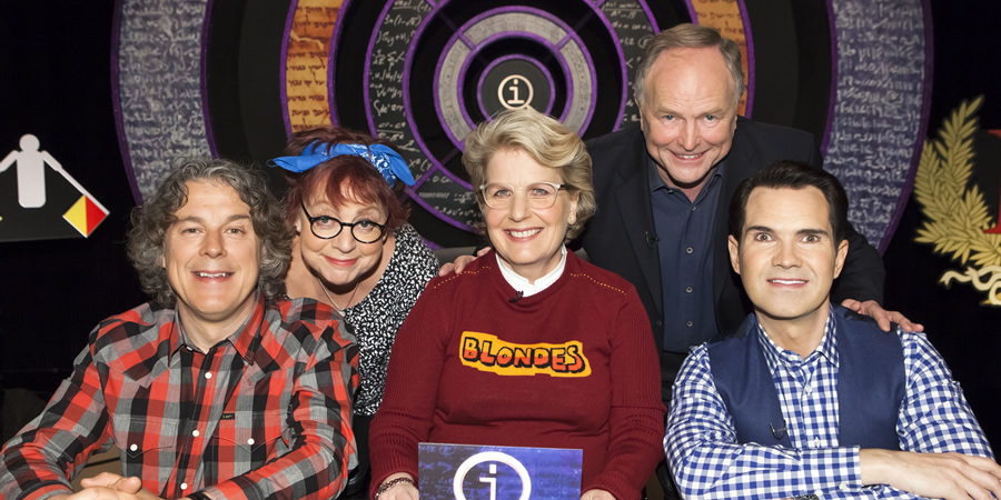 QI. Image shows from L to R: Alan Davies, Jo Brand, Sandi Toksvig, Clive Anderson, Jimmy Carr. Copyright: TalkbackThames. QI. Image shows from L to R: Alan Davies, Jo Brand, Sandi Toksvig, Clive Anderson, Jimmy Carr. Copyright: TalkbackThames.