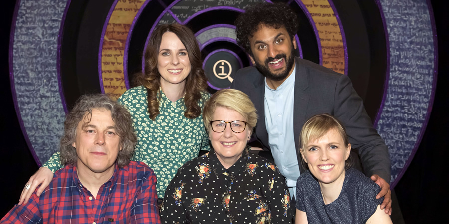 QI. Image shows from L to R: Alan Davies, Cariad Lloyd, Sandi Toksvig, Nish Kumar, Holly Walsh. Copyright: TalkbackThames. QI. Image shows from L to R: Alan Davies, Cariad Lloyd, Sandi Toksvig, Nish Kumar, Holly Walsh. Copyright: TalkbackThames.