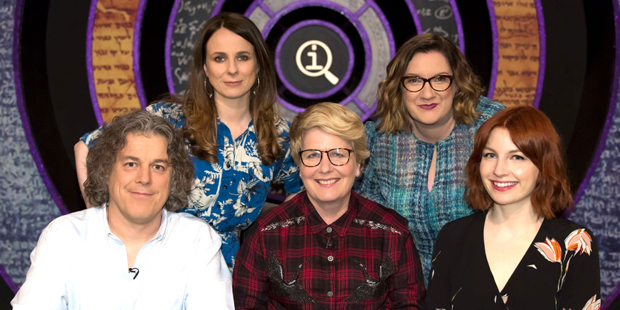 QI. Image shows from L to R: Alan Davies, Cariad Lloyd, Sandi Toksvig, Sarah Millican, Alice Levine. Copyright: TalkbackThames. QI. Image shows from L to R: Alan Davies, Cariad Lloyd, Sandi Toksvig, Sarah Millican, Alice Levine. Copyright: TalkbackThames.