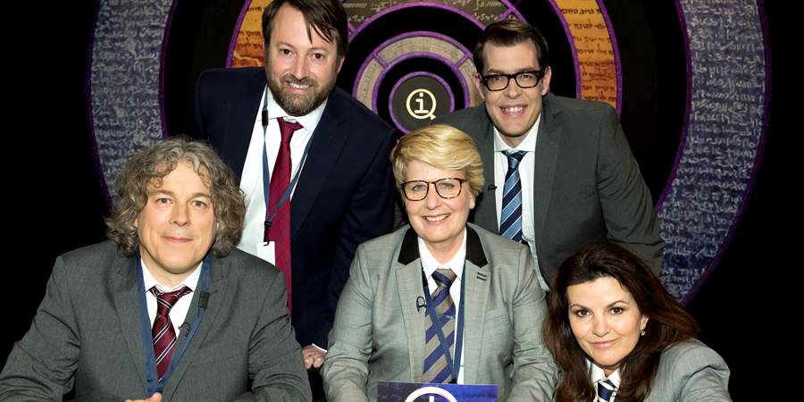 QI. Image shows from L to R: Alan Davies, David Mitchell, Sandi Toksvig, Richard Osman, Deirdre O'Kane. Copyright: TalkbackThames. QI. Image shows from L to R: Alan Davies, David Mitchell, Sandi Toksvig, Richard Osman, Deirdre O'Kane. Copyright: TalkbackThames.
