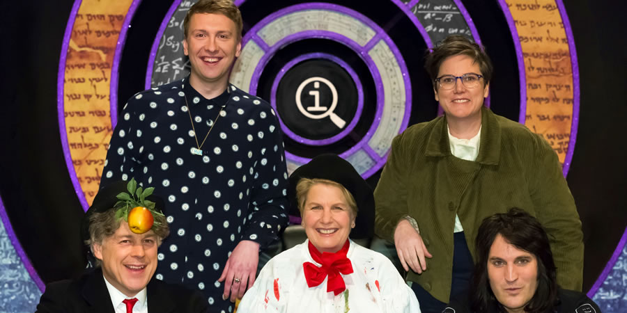QI. Image shows from L to R: Alan Davies, Joe Lycett, Sandi Toksvig, Hannah Gadsby, Noel Fielding. Copyright: TalkbackThames. QI. Image shows from L to R: Alan Davies, Joe Lycett, Sandi Toksvig, Hannah Gadsby, Noel Fielding. Copyright: TalkbackThames.