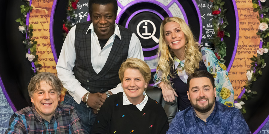 QI. Image shows from L to R: Alan Davies, Stephen K Amos, Sandi Toksvig, Sara Pascoe, Jason Manford. Copyright: TalkbackThames. QI. Image shows from L to R: Alan Davies, Stephen K Amos, Sandi Toksvig, Sara Pascoe, Jason Manford. Copyright: TalkbackThames.