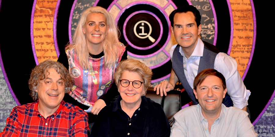 QI. Image shows from L to R: Alan Davies, Sara Pascoe, Sandi Toksvig, Jimmy Carr, Andrew Maxwell. QI. Image shows from L to R: Alan Davies, Sara Pascoe, Sandi Toksvig, Jimmy Carr, Andrew Maxwell.