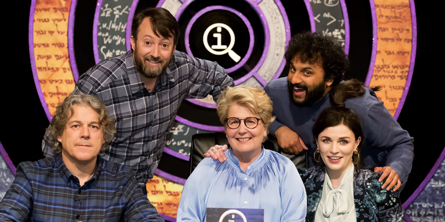 QI. Image shows from L to R: Alan Davies, David Mitchell, Sandi Toksvig, Nish Kumar, Aisling Bea. QI. Image shows from L to R: Alan Davies, David Mitchell, Sandi Toksvig, Nish Kumar, Aisling Bea.