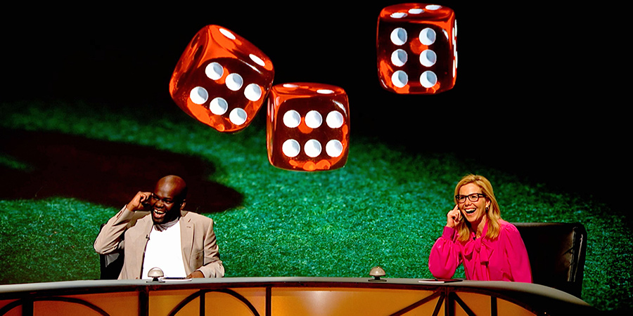 QI. Image shows from L to R: Daliso Chaponda, Sally Phillips. QI. Image shows from L to R: Daliso Chaponda, Sally Phillips.