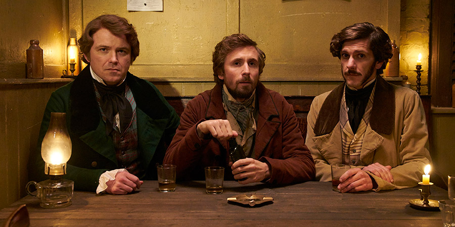 Quacks. Image shows from L to R: Robert (Rory Kinnear), John (Tom Basden), William (Mathew Baynton). Copyright: Lucky Giant. Quacks. Image shows from L to R: Robert (Rory Kinnear), John (Tom Basden), William (Mathew Baynton). Copyright: Lucky Giant.