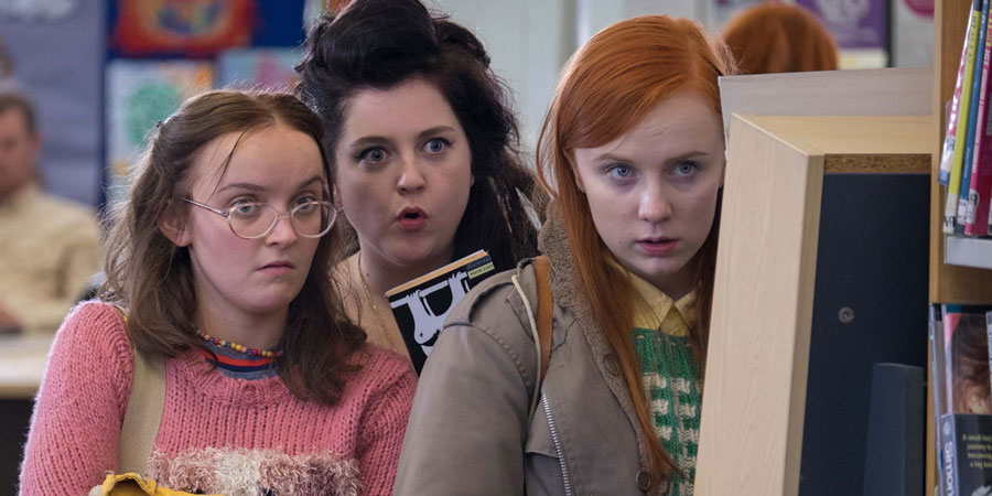 Raised By Wolves. Image shows from L to R: Yoko Garry (Molly Risker), Germaine Garry (Helen Monks), Aretha Garry (Alexa Davies). Copyright: Big Talk Productions. Raised By Wolves. Image shows from L to R: Yoko Garry (Molly Risker), Germaine Garry (Helen Monks), Aretha Garry (Alexa Davies). Copyright: Big Talk Productions.